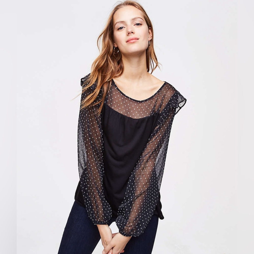LOFT Black Sheer Ruffle Dot Mixed Media Top